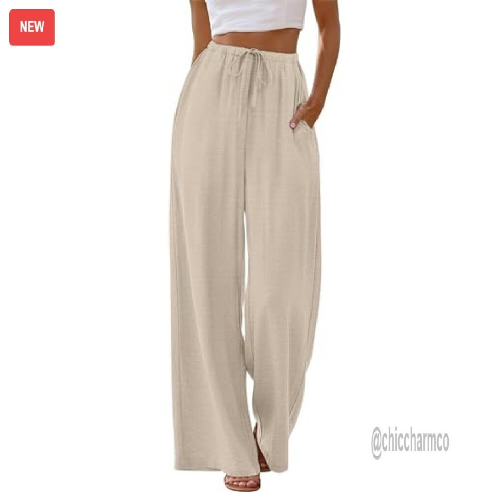 Wide Leg Palazzo Pants with Pockets Drawstring Elastic Waist Flowy Trousers - Picture 3 of 8